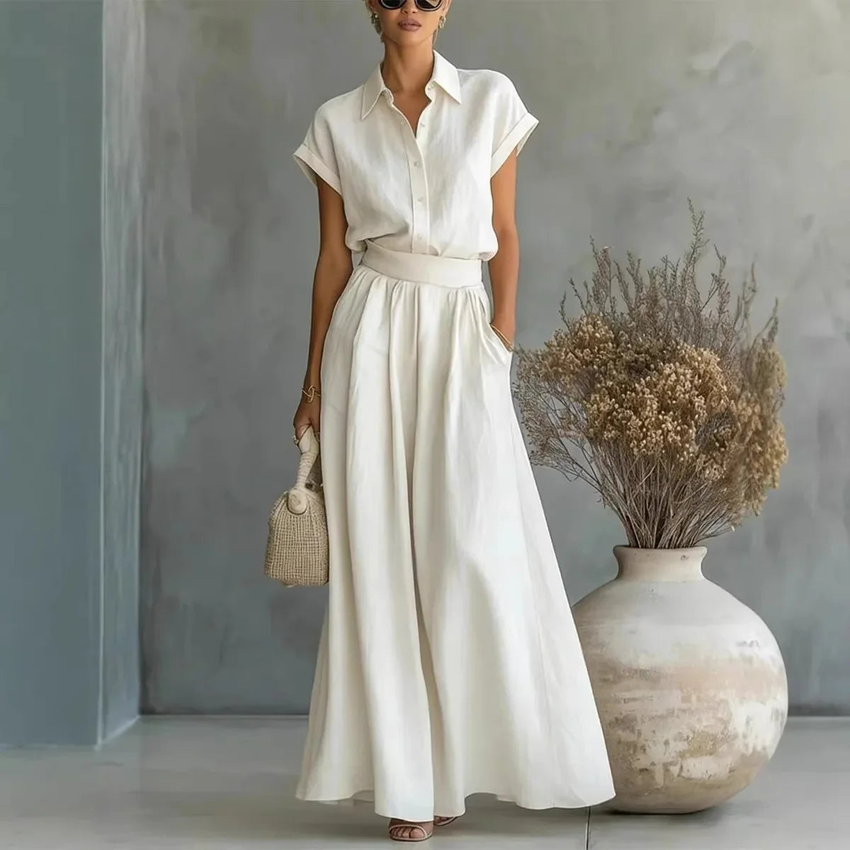 Women's Two-Piece Linen Set Wide-Leg Pants Button-Down Shirt Summer Casual Outfit - Victrafia