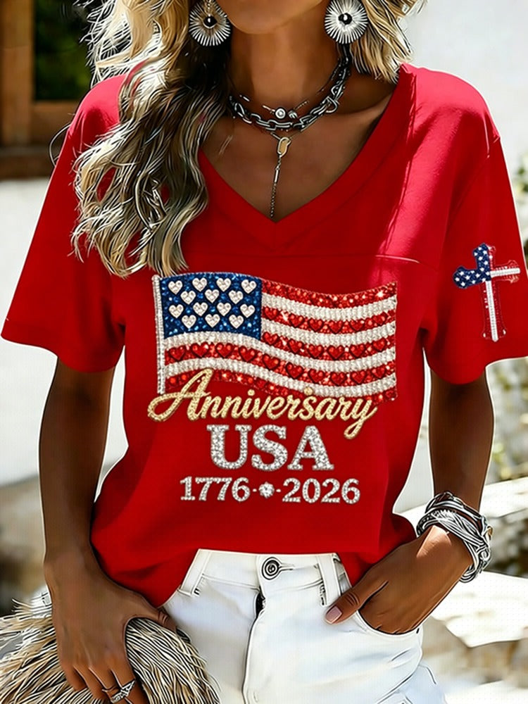Women's USA Anniversary Graphic T-Shirt V-Neck Short Sleeve Patriotic Fourth of July - Victrafia