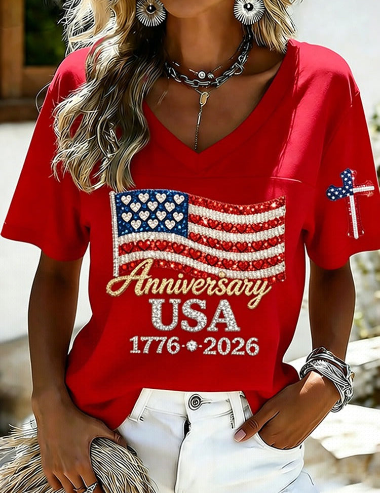 Women's USA Anniversary Graphic T-Shirt V-Neck Short Sleeve Patriotic Fourth of July - Victrafia