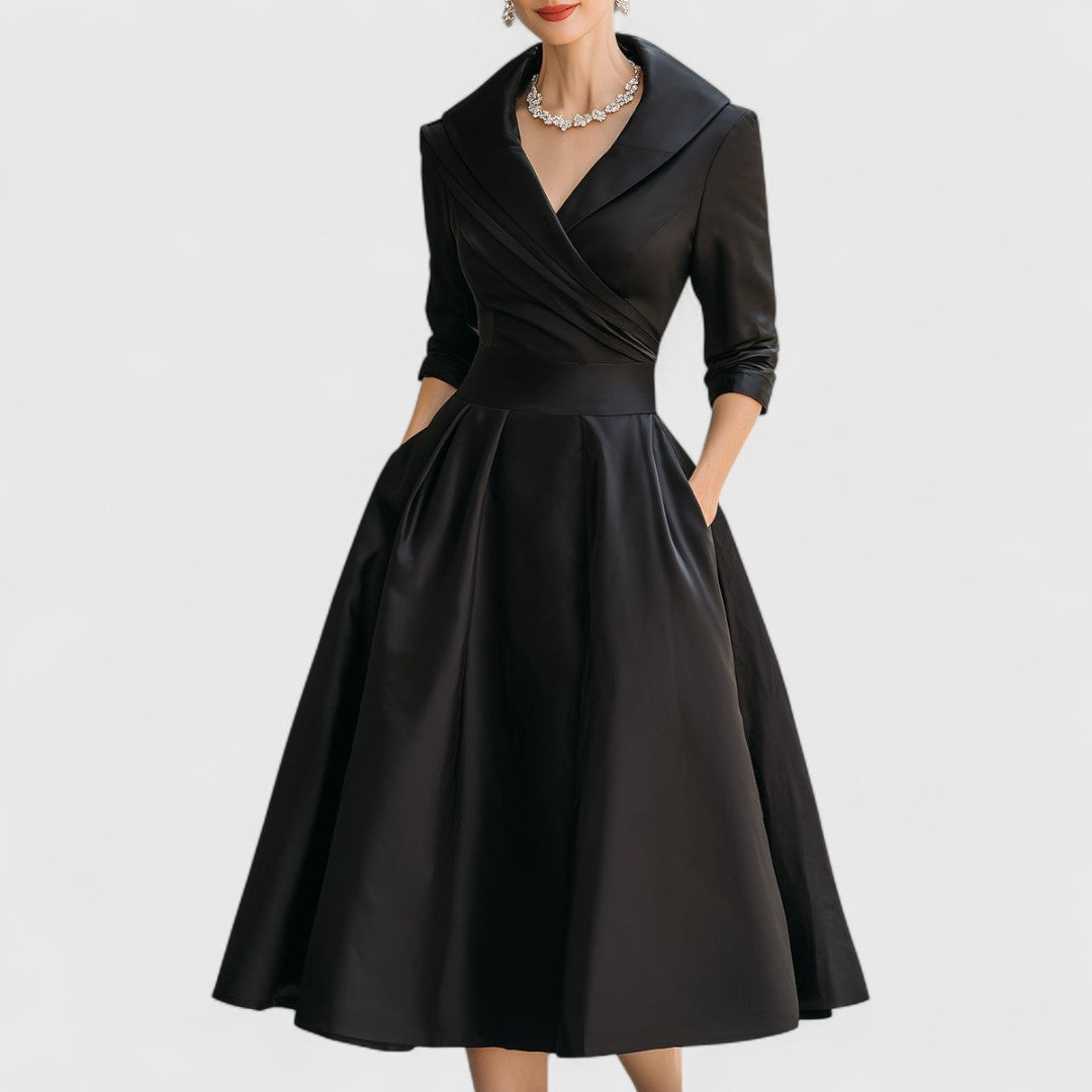 Women's V-Neck Midi Dress A-Line 3/4 Sleeve Wedding Guest Cocktail Party Dress with Pockets - Victrafia