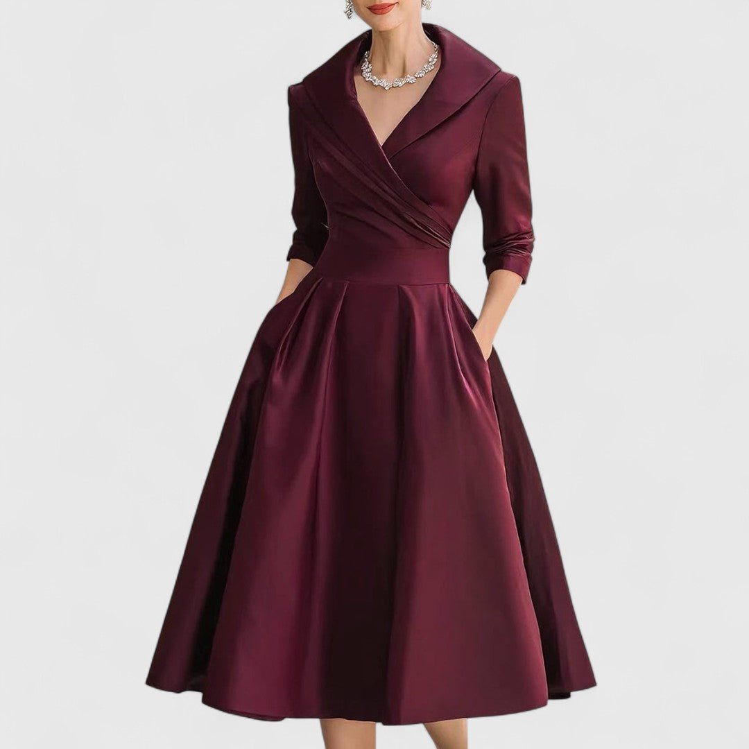 Women's V-Neck Midi Dress A-Line 3/4 Sleeve Wedding Guest Cocktail Party Dress with Pockets - Victrafia