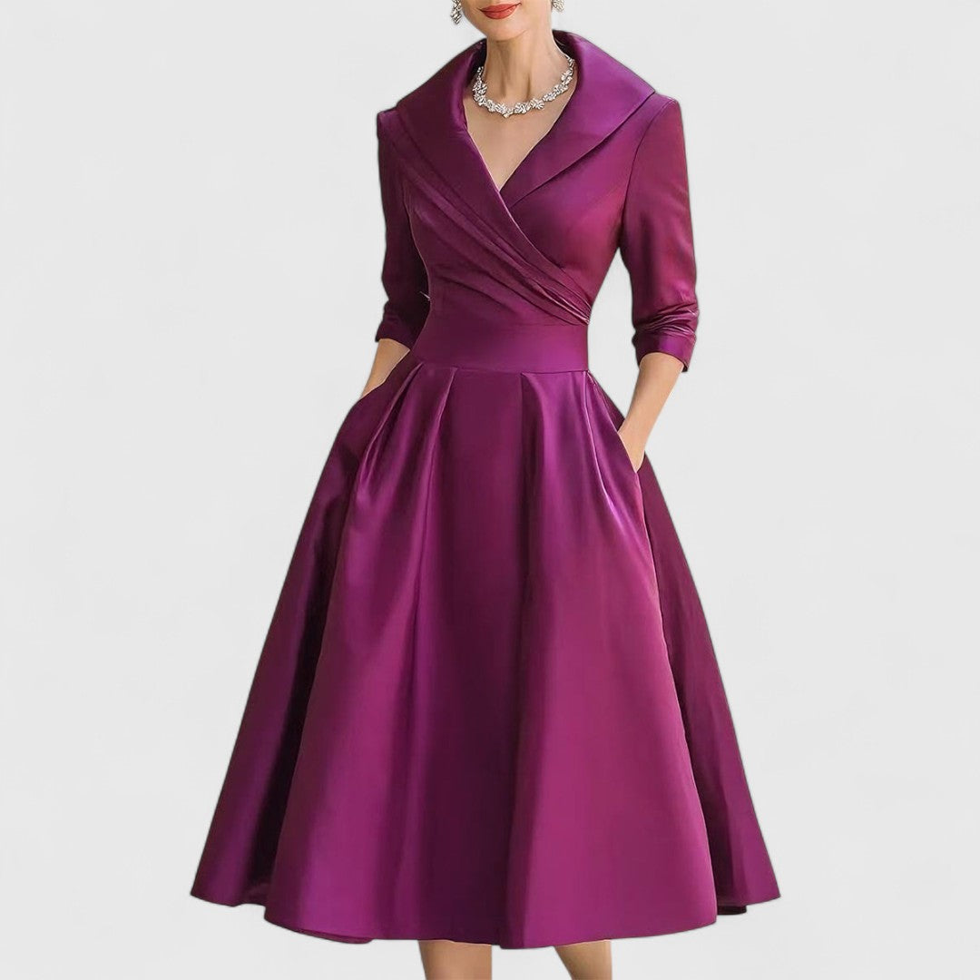 Women's V-Neck Midi Dress A-Line 3/4 Sleeve Wedding Guest Cocktail Party Dress with Pockets - Victrafia