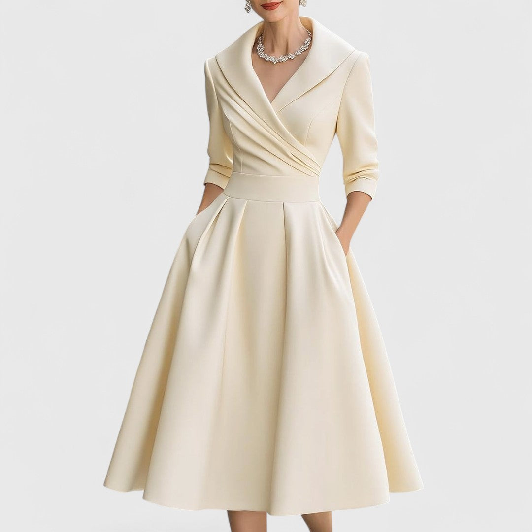 Women's V-Neck Midi Dress A-Line 3/4 Sleeve Wedding Guest Cocktail Party Dress with Pockets - Victrafia