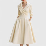 Women's V-Neck Midi Dress A-Line 3/4 Sleeve Wedding Guest Cocktail Party Dress with Pockets - Victrafia