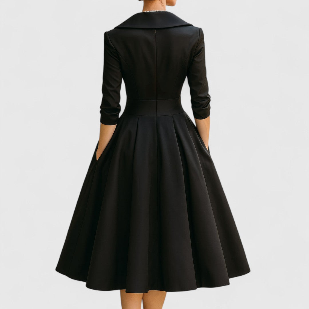Women's V-Neck Midi Dress A-Line 3/4 Sleeve Wedding Guest Cocktail Party Dress with Pockets - Victrafia