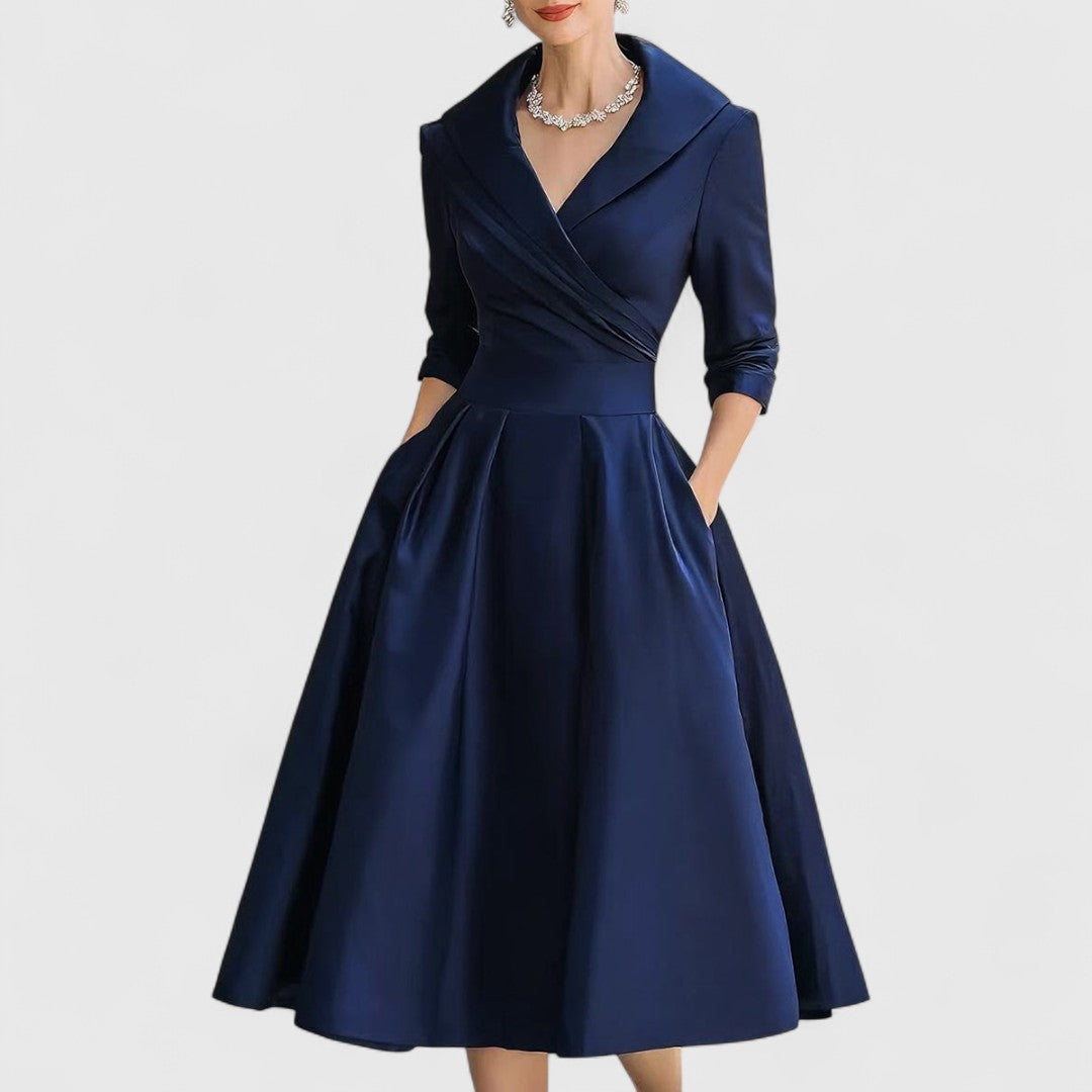 Women's V-Neck Midi Dress A-Line 3/4 Sleeve Wedding Guest Cocktail Party Dress with Pockets - Victrafia