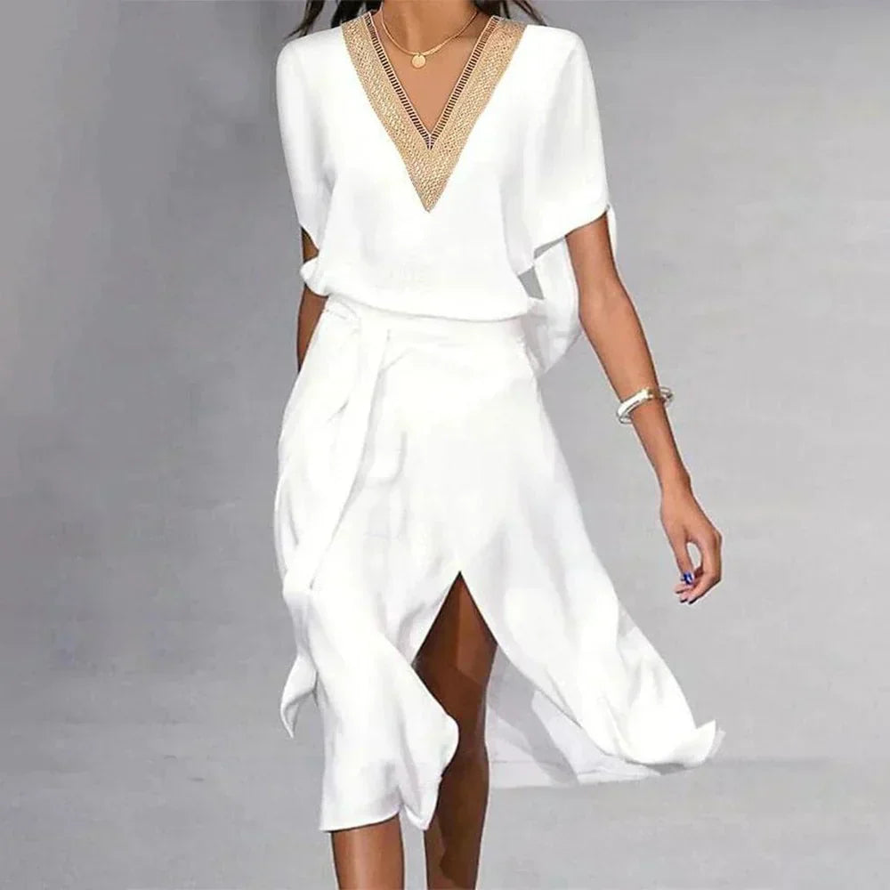 Women's V-Neck Wrap Midi Dress Short Sleeve Wedding Guest Summer Party Dress - Victrafia