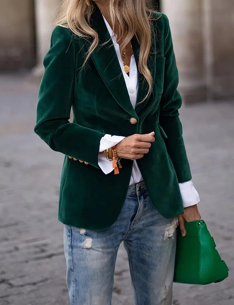 Women's Velvet Blazer Structured Shoulders Slim Fit Gold-Tone Buttons Office Workwear - Victrafia