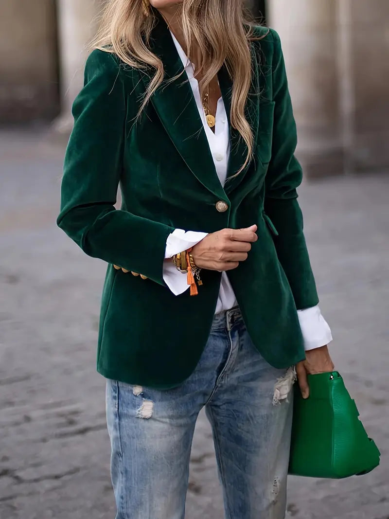 Women's Velvet Blazer Structured Shoulders Slim Fit Gold-Tone Buttons Office Workwear - Victrafia