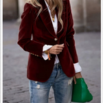 Women's Velvet Blazer Structured Shoulders Slim Fit Gold-Tone Buttons Office Workwear - Victrafia