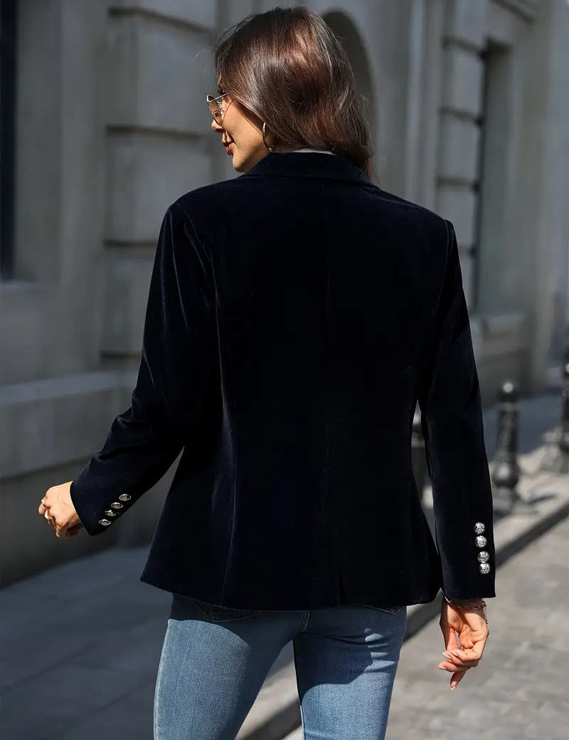 Women's Velvet Blazer Structured Shoulders Slim Fit Gold-Tone Buttons Office Workwear - Victrafia