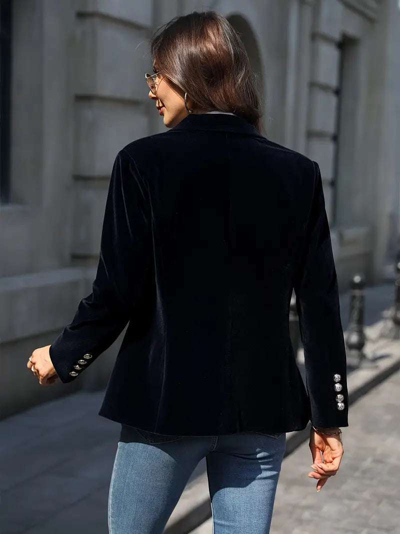 Women's Velvet Blazer Structured Shoulders Slim Fit Gold-Tone Buttons Office Workwear - Victrafia