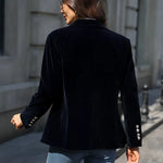 Women's Velvet Blazer Structured Shoulders Slim Fit Gold-Tone Buttons Office Workwear - Victrafia