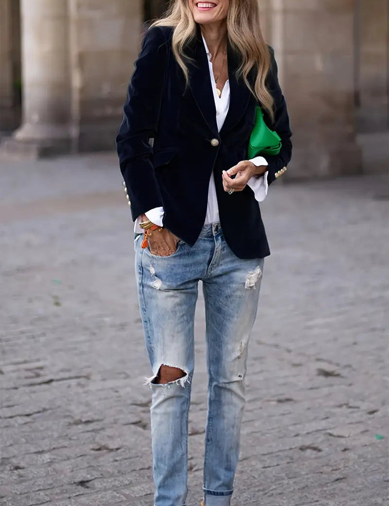 Women's Velvet Blazer Structured Shoulders Slim Fit Gold-Tone Buttons Office Workwear - Victrafia