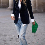 Women's Velvet Blazer Structured Shoulders Slim Fit Gold-Tone Buttons Office Workwear - Victrafia