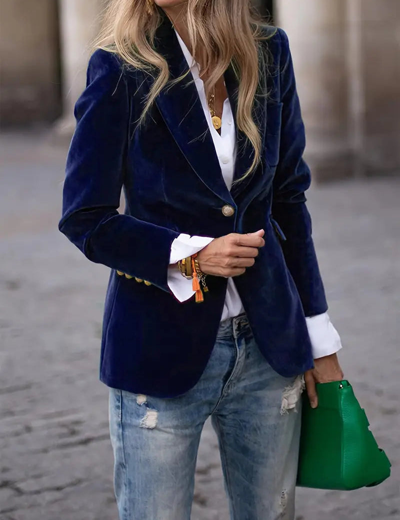 Women's Velvet Blazer Structured Shoulders Slim Fit Gold-Tone Buttons Office Workwear - Victrafia