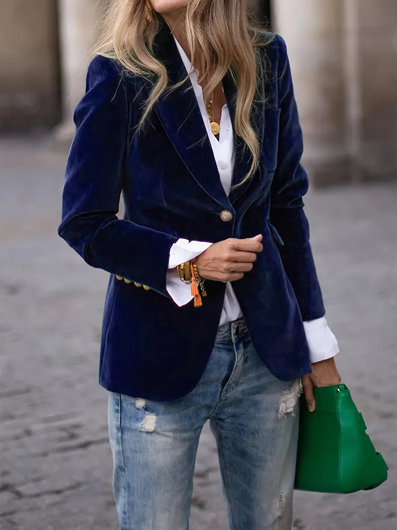 Women's Velvet Blazer Structured Shoulders Slim Fit Gold-Tone Buttons Office Workwear - Victrafia