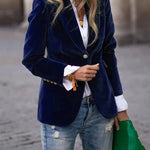 Women's Velvet Blazer Structured Shoulders Slim Fit Gold-Tone Buttons Office Workwear - Victrafia