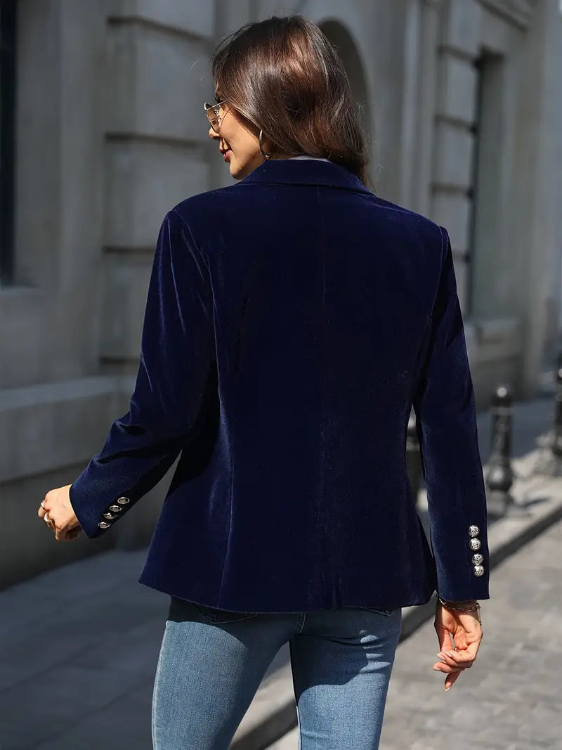 Women's Velvet Blazer Structured Shoulders Slim Fit Gold-Tone Buttons Office Workwear - Victrafia
