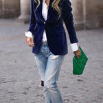Women's Velvet Blazer Structured Shoulders Slim Fit Gold-Tone Buttons Office Workwear - Victrafia