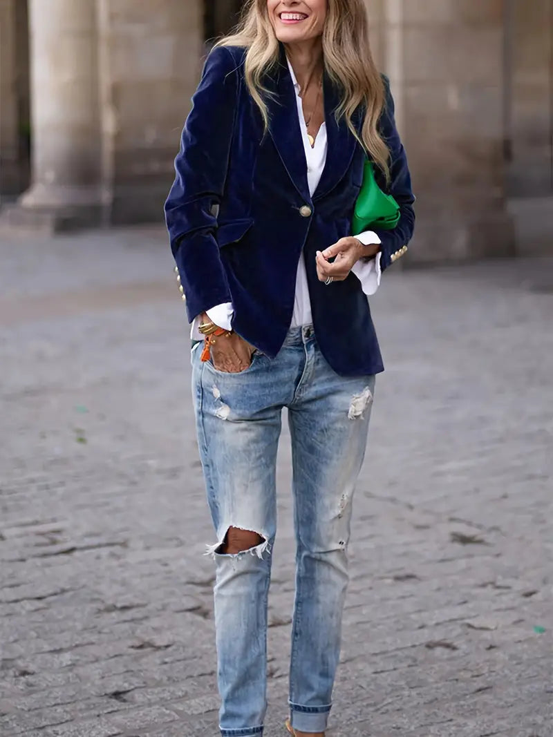 Women's Velvet Blazer Structured Shoulders Slim Fit Gold-Tone Buttons Office Workwear - Victrafia