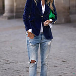 Women's Velvet Blazer Structured Shoulders Slim Fit Gold-Tone Buttons Office Workwear - Victrafia