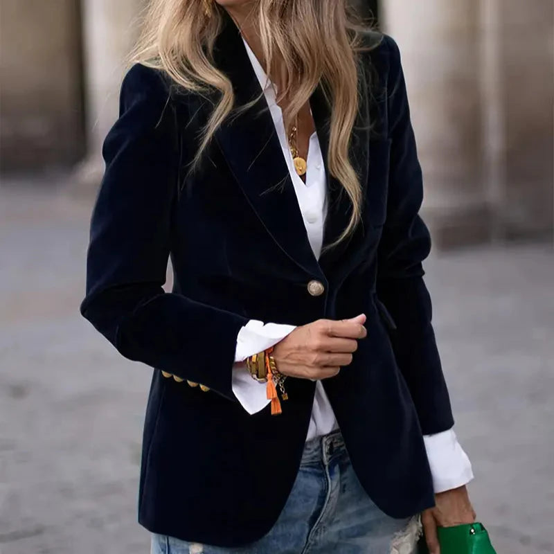 Women's Velvet Blazer Structured Shoulders Slim Fit Gold-Tone Buttons Office Workwear - Victrafia