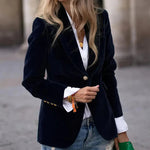 Women's Velvet Blazer Structured Shoulders Slim Fit Gold-Tone Buttons Office Workwear - Victrafia