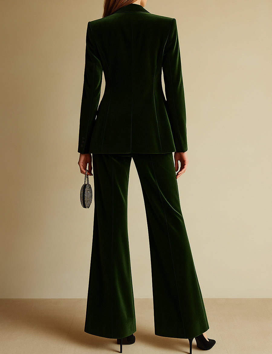 Women's Velvet Blazer Wide-Leg Pants Suit Set Notched Lapel Two-Piece Formal Evening - Victrafia