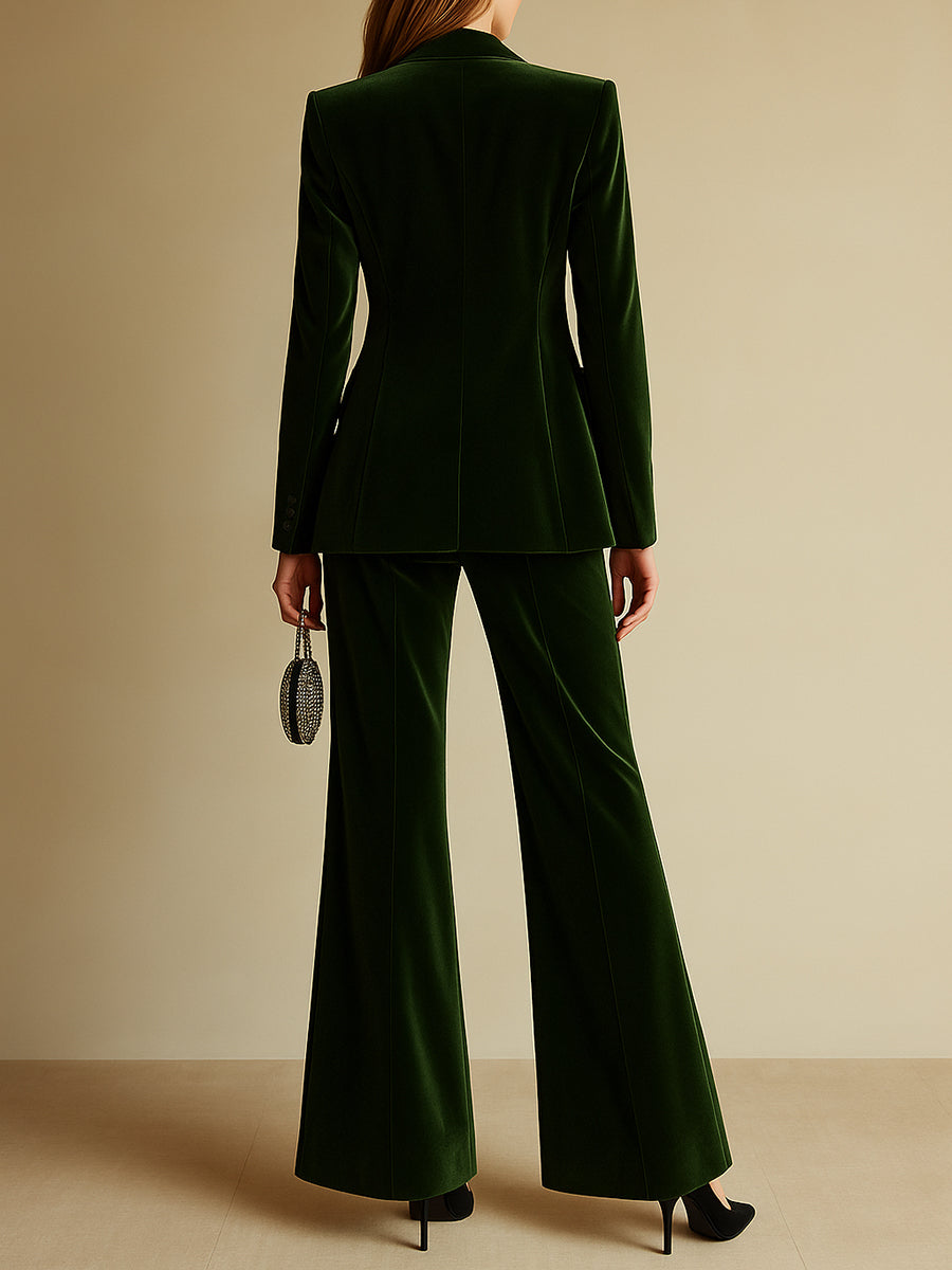 Women's Velvet Blazer Wide-Leg Pants Suit Set Notched Lapel Two-Piece Formal Evening - Victrafia