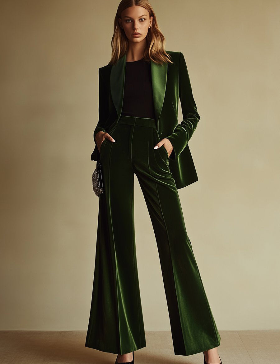 Women's Velvet Blazer Wide-Leg Pants Suit Set Notched Lapel Two-Piece Formal Evening - Victrafia