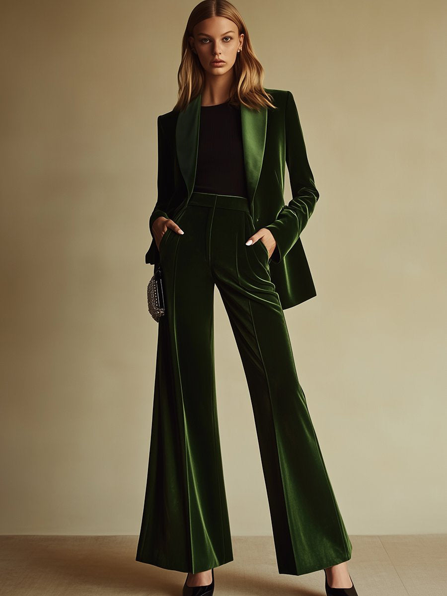 Women's Velvet Blazer Wide-Leg Pants Suit Set Notched Lapel Two-Piece Formal Evening - Victrafia