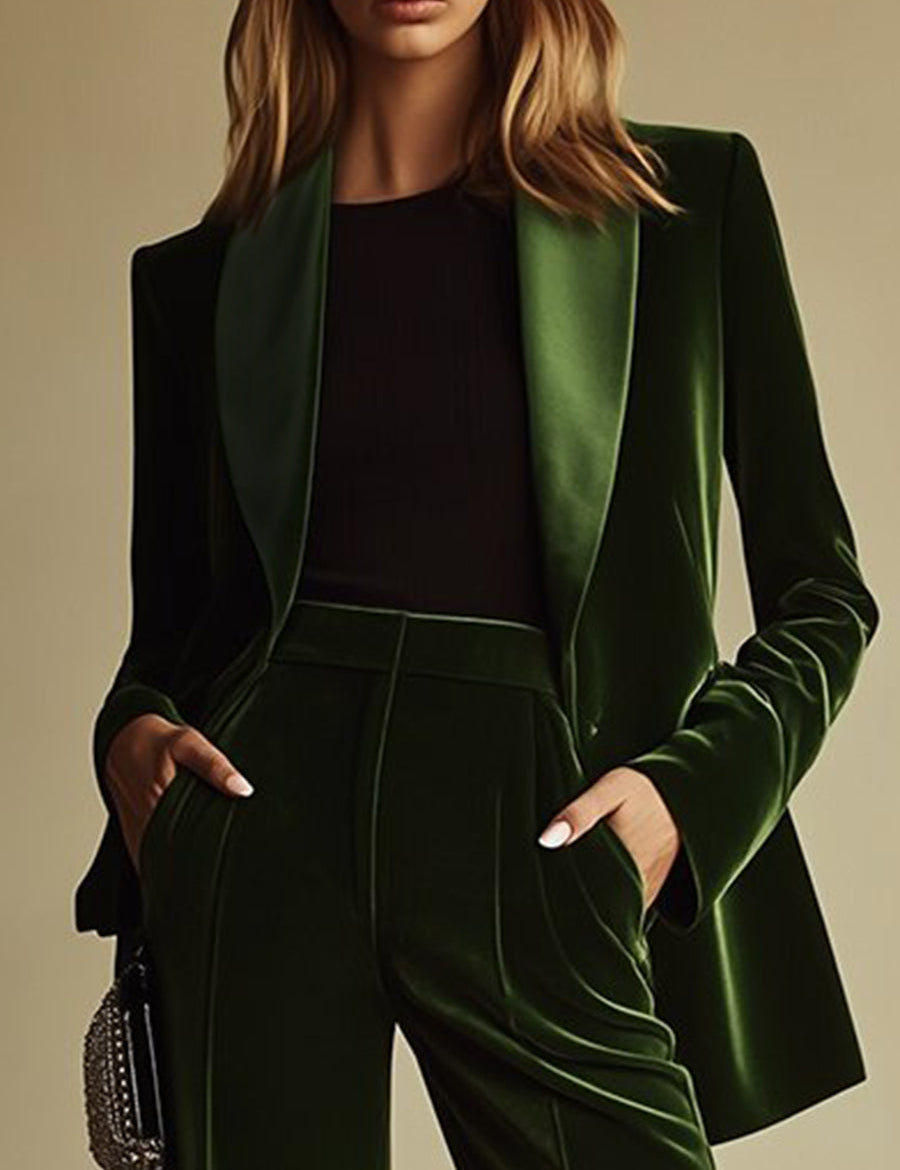 Women's Velvet Blazer Wide-Leg Pants Suit Set Notched Lapel Two-Piece Formal Evening - Victrafia