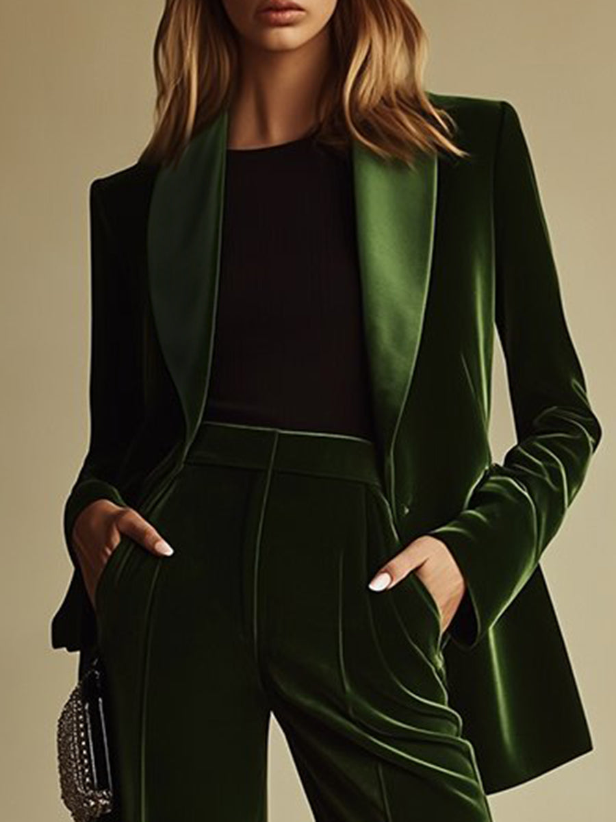 Women's Velvet Blazer Wide-Leg Pants Suit Set Notched Lapel Two-Piece Formal Evening - Victrafia