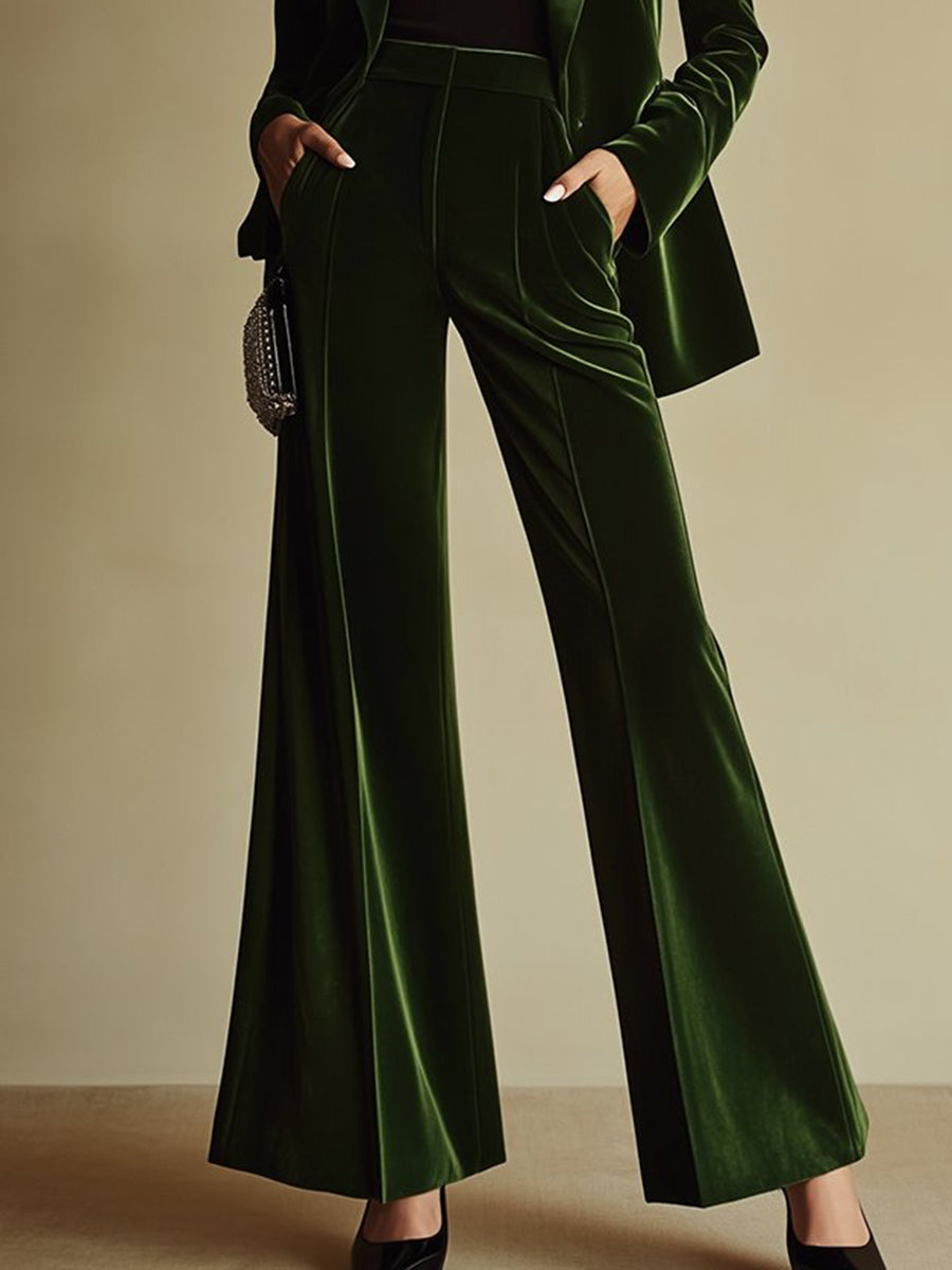Women's Velvet Blazer Wide-Leg Pants Suit Set Notched Lapel Two-Piece Formal Evening - Victrafia