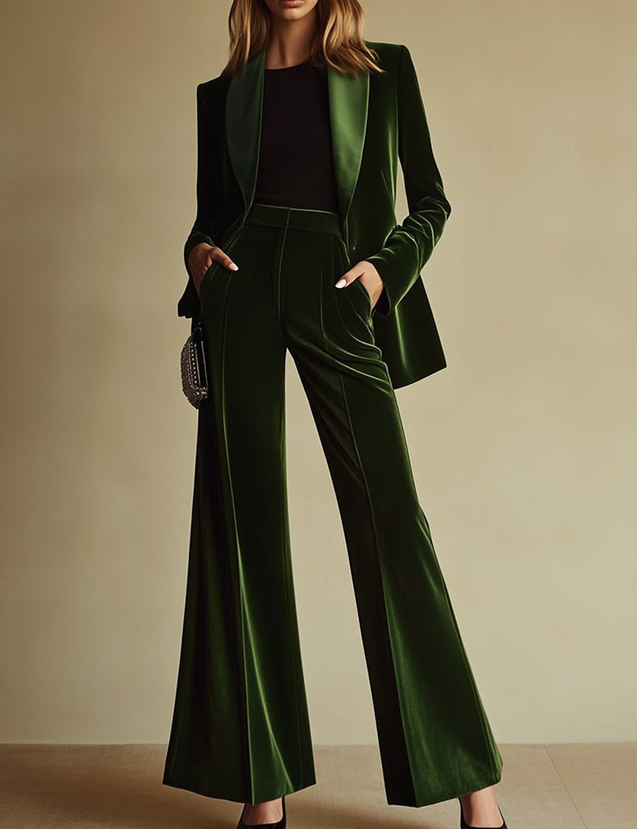 Women's Velvet Blazer Wide-Leg Pants Suit Set Notched Lapel Two-Piece Formal Evening - Victrafia