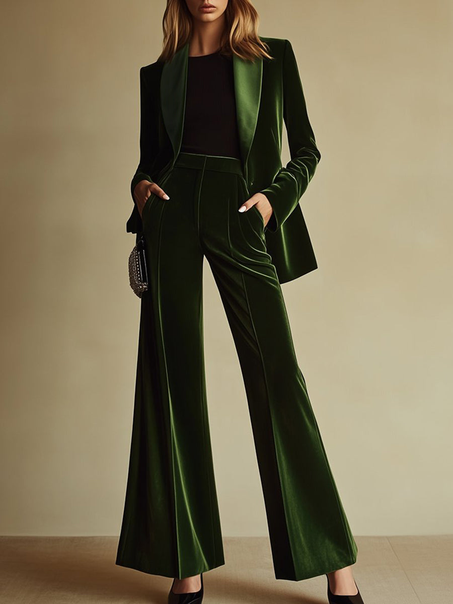Women's Velvet Blazer Wide-Leg Pants Suit Set Notched Lapel Two-Piece Formal Evening - Victrafia