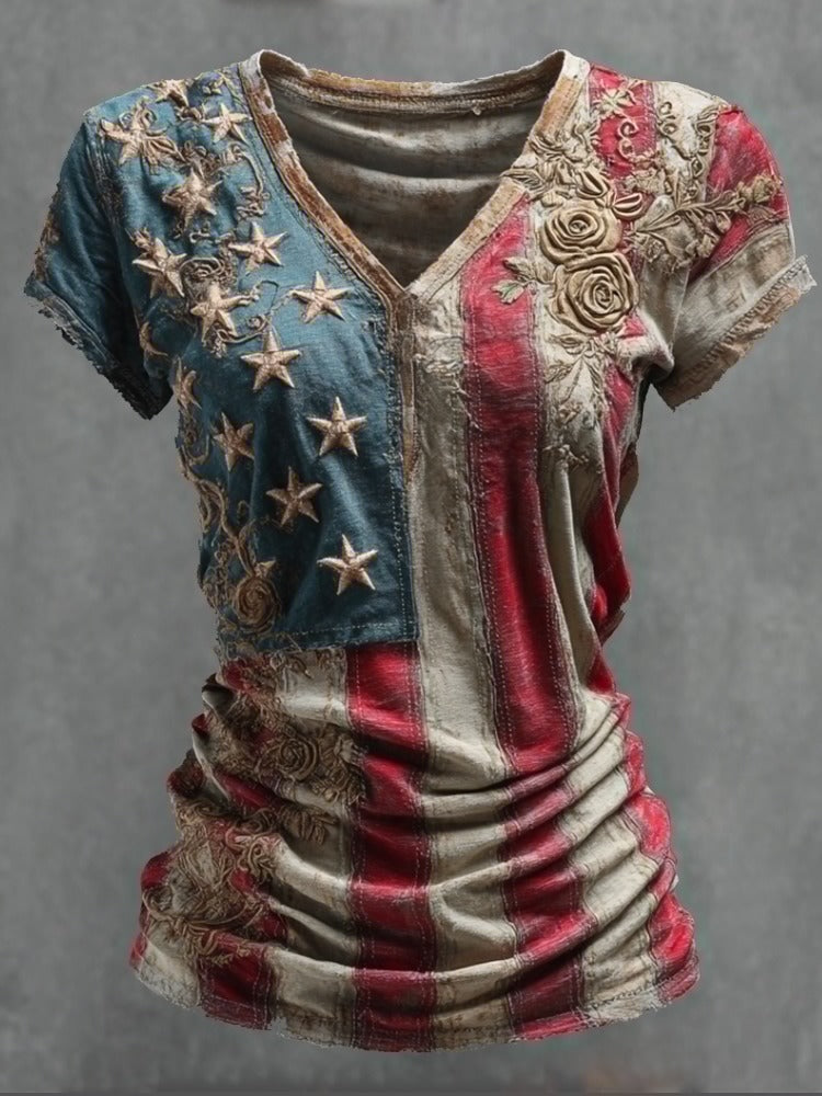 Women's Vintage American Flag Floral Embroidered V-Neck T-Shirt 4th of July - Victrafia