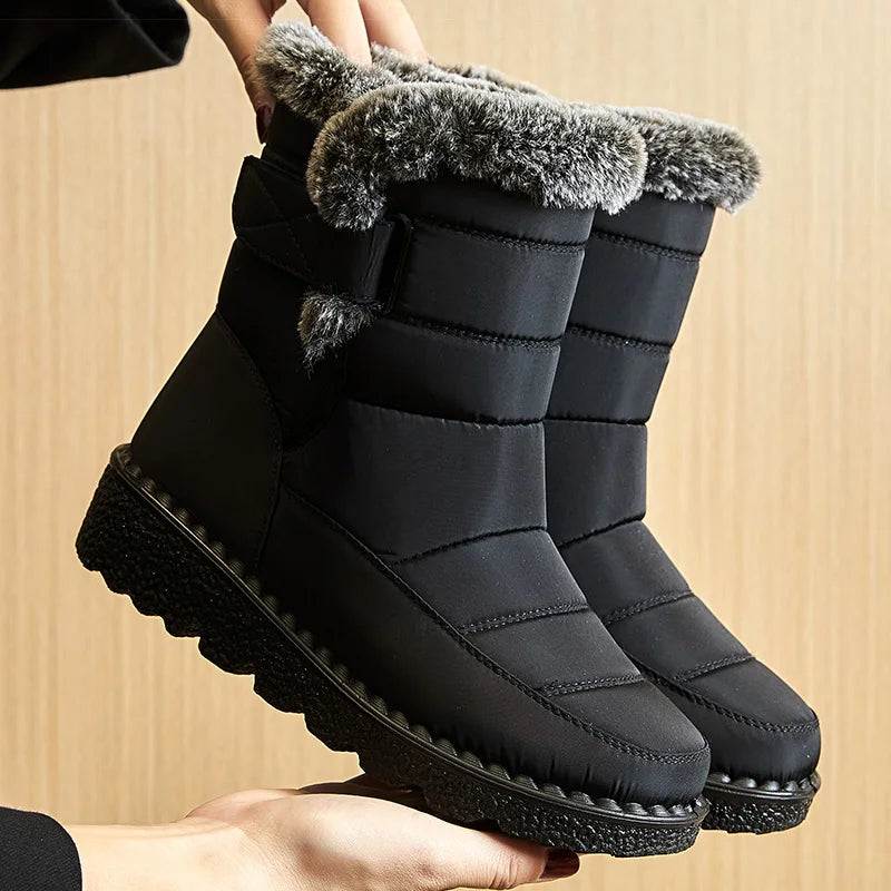 Women's Waterproof Snow Boots Mid-Calf Fur Lined Slip-On Winter Boots - Victrafia