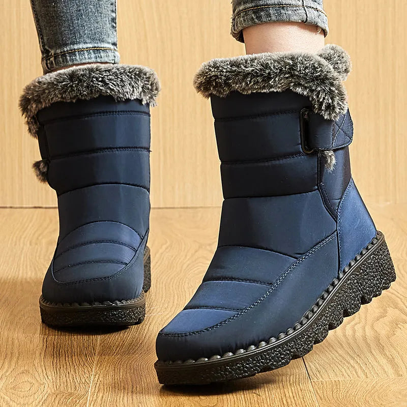 Women's Waterproof Snow Boots Mid-Calf Fur Lined Slip-On Winter Boots - Victrafia