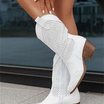 Women's Western Cowboy Boots Mid-Calf Perforated Block Heel Side Zip - Victrafia