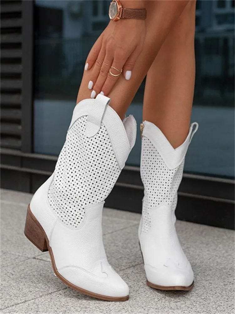 Women's Western Cowboy Boots Mid-Calf Perforated Block Heel Side Zip - Victrafia