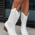 Women's Western Cowboy Boots Mid-Calf Perforated Block Heel Side Zip - Victrafia