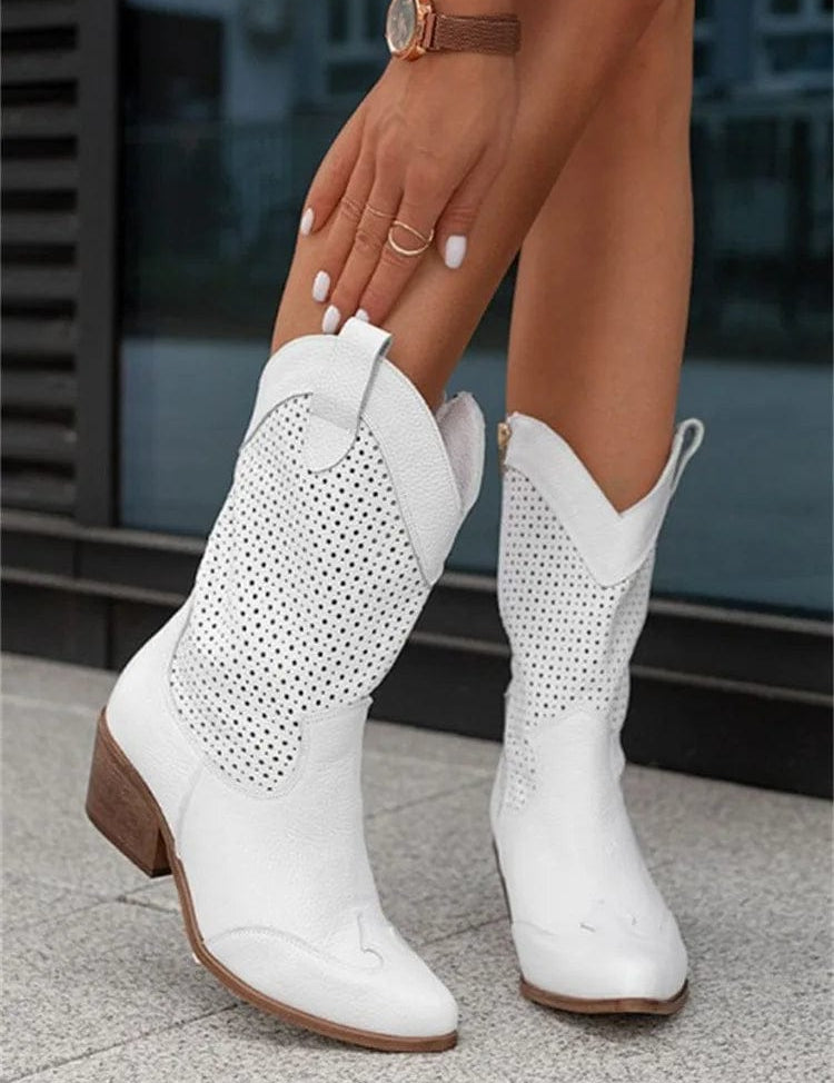 Women's Western Cowboy Boots Mid-Calf Perforated Block Heel Side Zip - Victrafia
