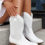 Women's Western Cowboy Boots Mid-Calf Perforated Block Heel Side Zip - Victrafia