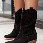 Women's Western Cowboy Boots Mid-Calf Perforated Block Heel Side Zip - Victrafia