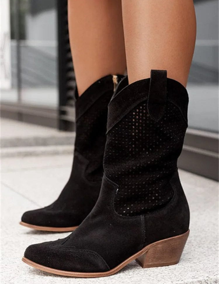 Women's Western Cowboy Boots Mid-Calf Perforated Block Heel Side Zip - Victrafia