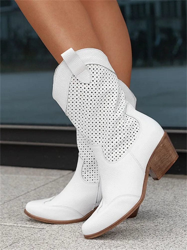 Women's Western Cowboy Boots Mid-Calf Perforated Block Heel Side Zip - Victrafia