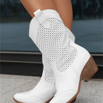 Women's Western Cowboy Boots Mid-Calf Perforated Block Heel Side Zip - Victrafia