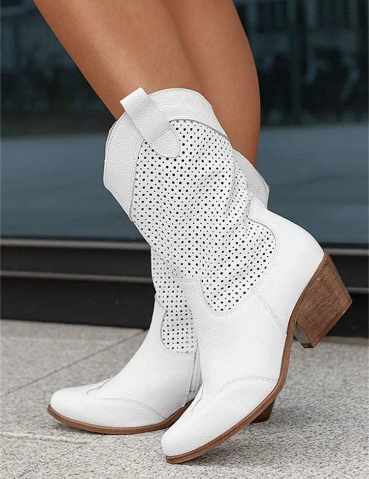 Women's Western Cowboy Boots Mid-Calf Perforated Block Heel Side Zip - Victrafia